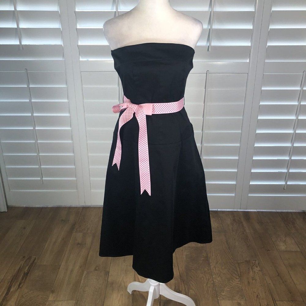 Vtg Strapless Black Pin Up Style Rockabilly Dress 4 Cotton Spandex Swing 80s 90s